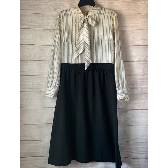 Vintage Ms. Sugar Striped Midi Dress Outfit with Vest and Tie Neck - Picture 10 of 16